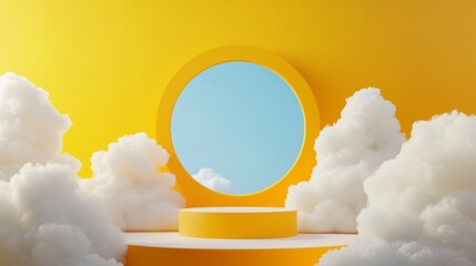 Fototapeta premium Bright yellow background, white clouds, blue hole, and a podium create a modern, inviting 3D render.