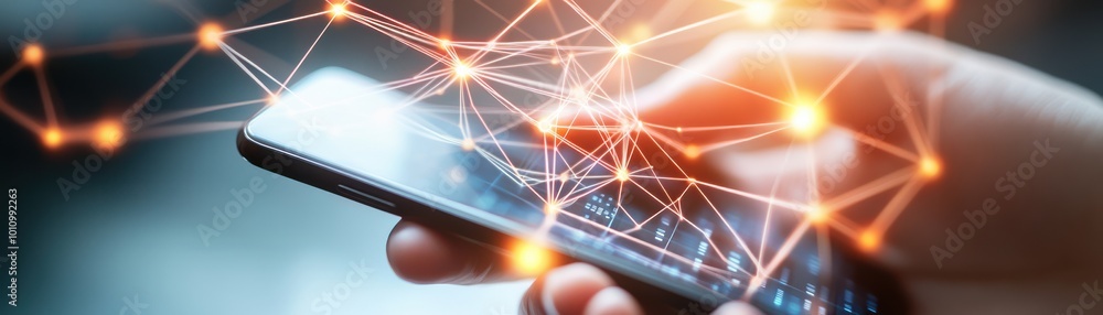 Poster a close-up of a hand using a smartphone, surrounded by digital network elements, symbolizing connect