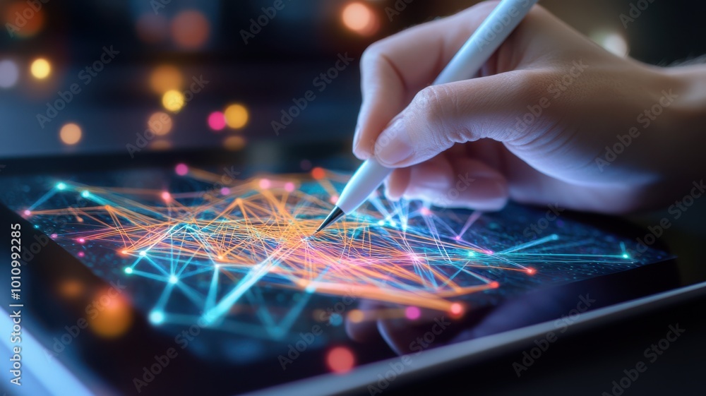 Poster a close-up of a hand using a stylus on a digital tablet, creating vibrant neon patterns with lights 