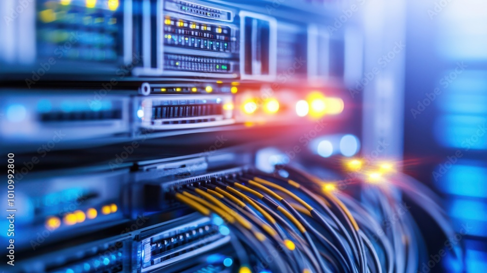 Poster a close-up view of a server room showcasing illuminated network hardware and cables, symbolizing adv