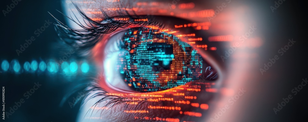 Poster a close-up view of an eye with digital data streams, symbolizing technology, vision, and innovation 