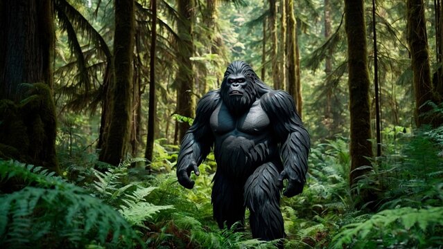A large, muscular, ape-like Bigfoot stands in a dense forest, surrounded by tall, green trees and ferns. Sasquatch, yeti, wild man mythical creature photo illustration.	
