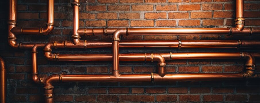 A close-up view of copper pipes against a brick wall, showcasing modern plumbing design and industrial aesthetics.