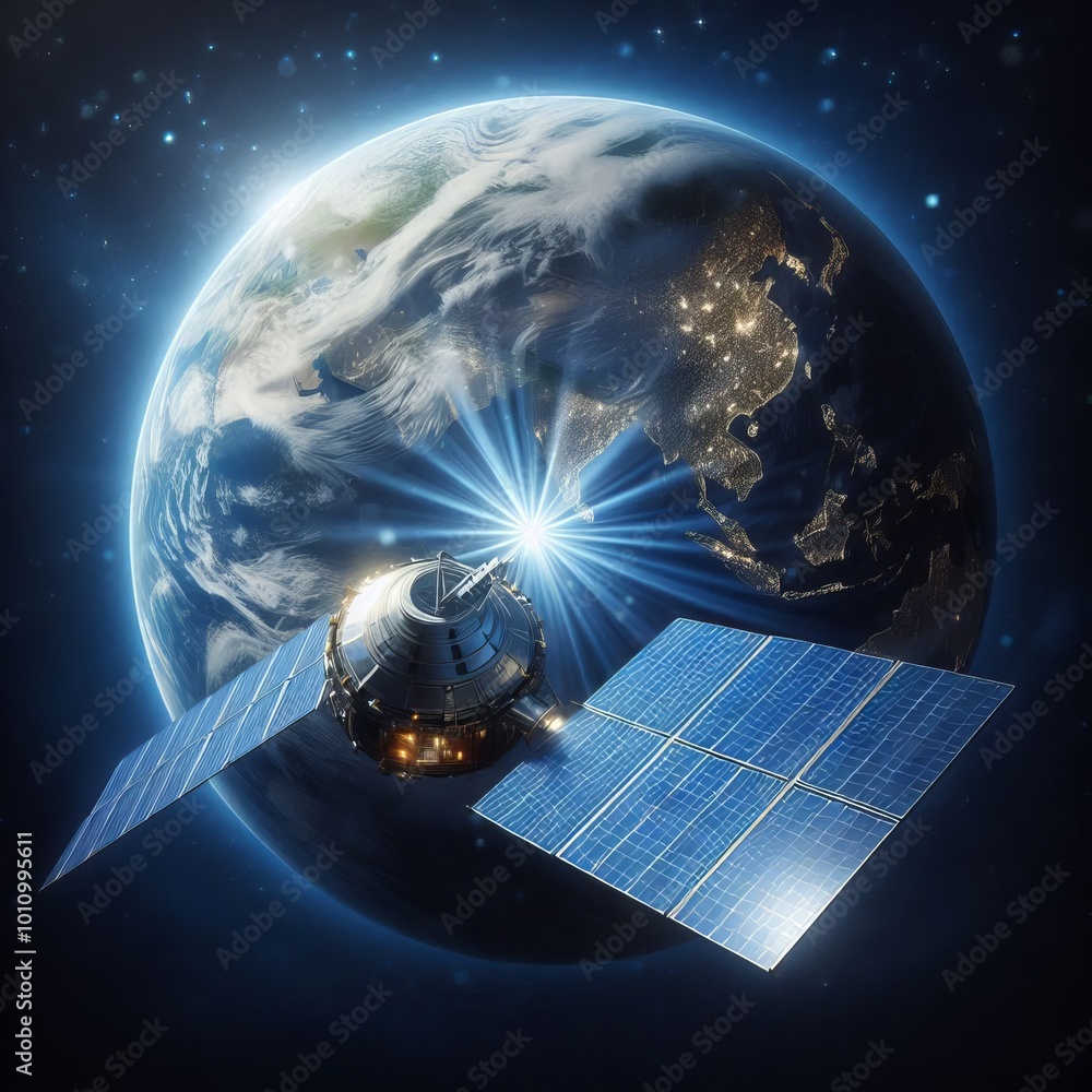 Poster a satellite is seen orbiting earth with bright lights representing global connections and communicat