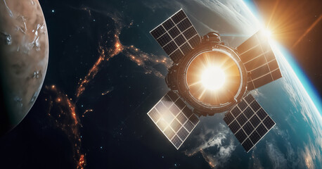 Sublime vue panoramique d'une sonde spatiale entrant dans l'atmosphère d'une planète inconnue, lune, lever de soleil, espace, exploration spatiale