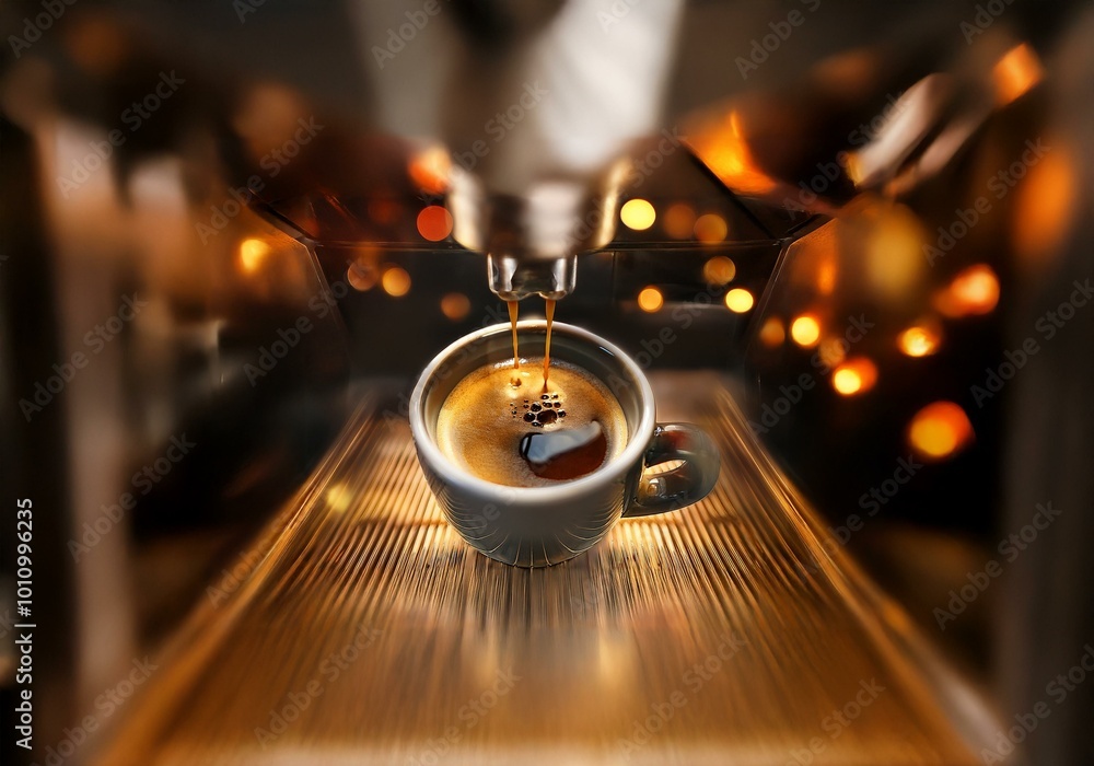 Poster coffee brewing in a machine with a warm light shining.