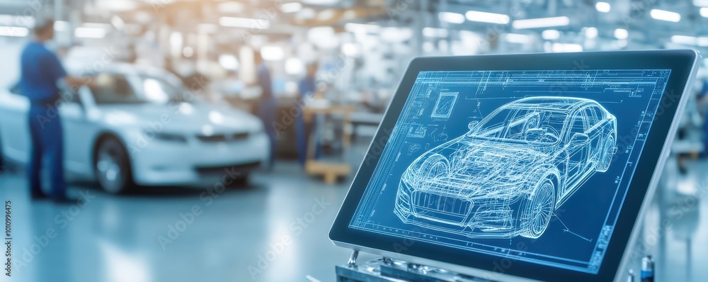 Poster a digital display showing a car blueprint design in a modern automotive workshop with a vehicle in t