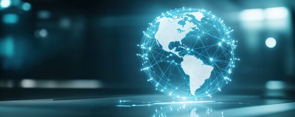 A digital globe surrounded by a network of glowing connections, symbolizing global connectivity and technology advancements.