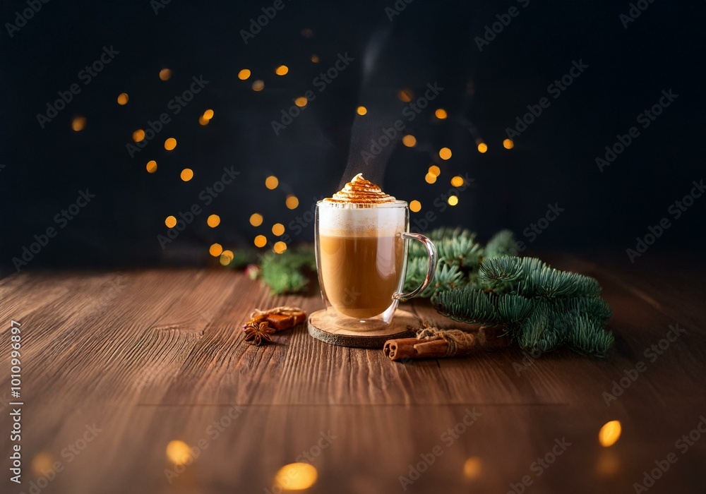 Poster A steaming cup of coffee with whipped cream sits on a rustic wooden table, surrounded by evergreen branches and warm bokeh lights.