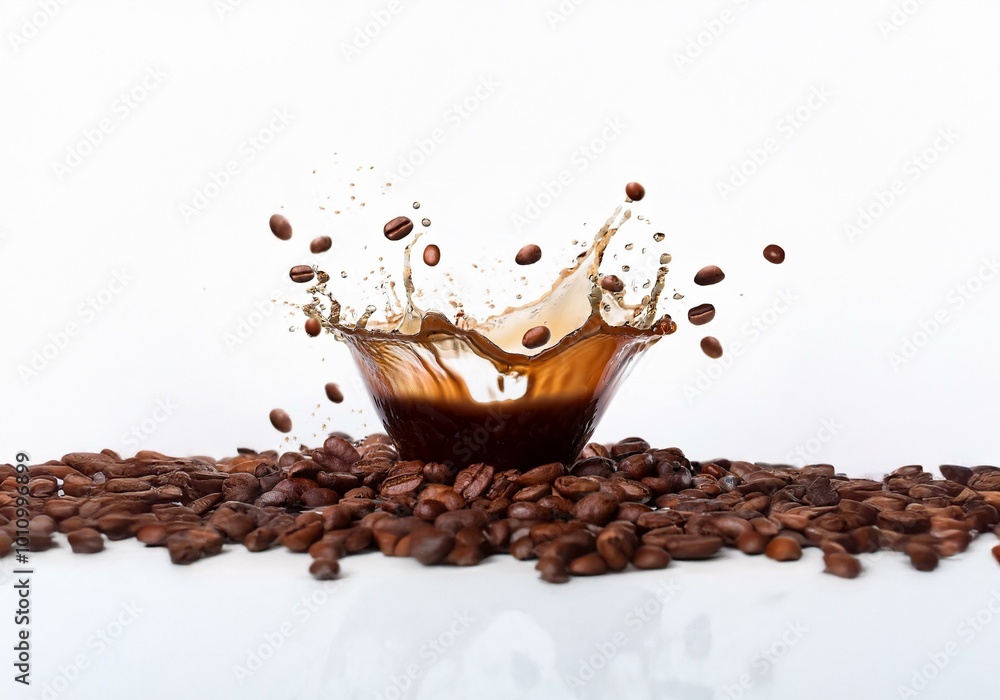 Poster coffee splashing in the air creating a crown shape surrounded by coffee beans.
