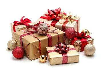 Obraz premium Beautifully wrapped Christmas gifts in various designs on a clean white background.