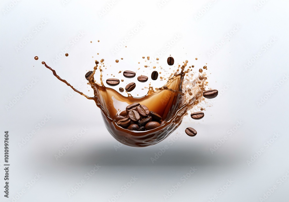 Poster Coffee beans splash into a pool of liquid, creating a brown wave.