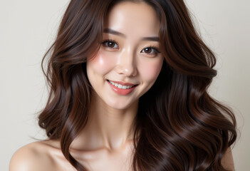 Naklejka premium Smiling young woman with flowing brown hair, neutral background.