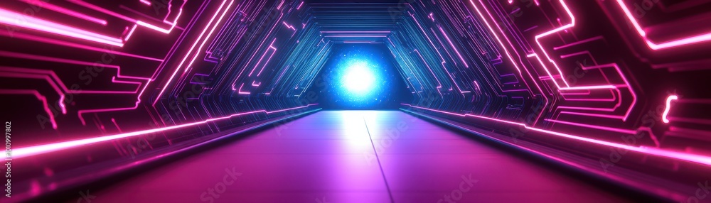 Poster a futuristic corridor illuminated with neon lights, creating a vibrant and dynamic atmosphere, perfe