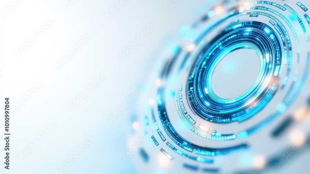Poster a futuristic digital interface with luminous rings and intricate patterns, perfect for technology an