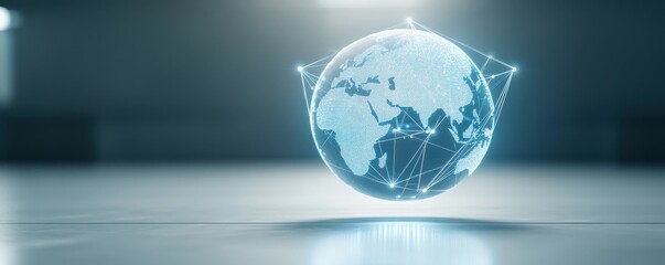 A futuristic globe illuminated with digital lines, representing global connectivity and advanced technology in a modern environment.