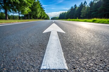 A white arrow on a grey asphalt road clearly directs drivers toward their destination, ensuring visibility and guidance