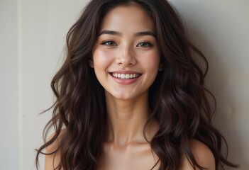 Fototapeta premium Young woman with long hair smiling brightly against a neutral background.