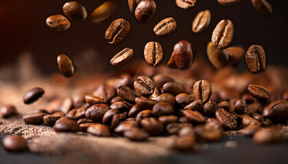 Coffee Beans Falling in Mid-Air with Roasted Brown Texture