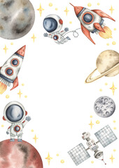 Space watercolor hand-drawn frame with little astronauts, rockets, planets and stars. Cute cartoon composition for kids © Nellya Egorova