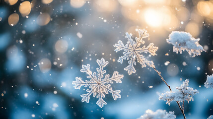 Snowfall with soft, gentle snowflakes descending from the sky, set against a blurred, cool blue and grey background.