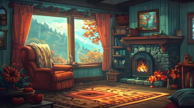 Autumnal Interior Design: Traditional Pumpkin and Fireplace Illustration for Halloween