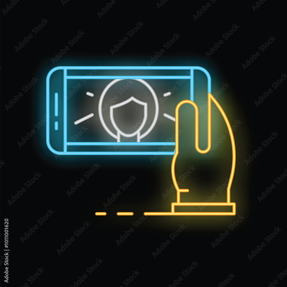 Poster neon sign representing a hand holding a smartphone with a user profile protected by a shield