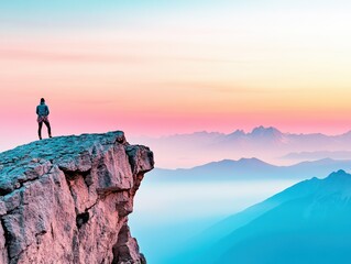 Obraz premium A lone hiker stands on a mountain cliff, overlooking a breathtaking sunrise, with vibrant colors illuminating the sky.