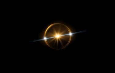 A glowing golden ring with a bright light in the center and a faint white light shooting out to the sides on a black background.
