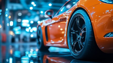 Sleek Orange Sports Car with Chrome Wheels at Luxury Auto Show