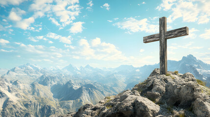 Weathered wooden cross standing on a rocky mountain peak with a stunning mountain range and bright blue sky.