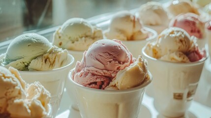 Variety of creamy Italian ice cream flavors, displayed with elegance, with a soft light from a nearby clear window