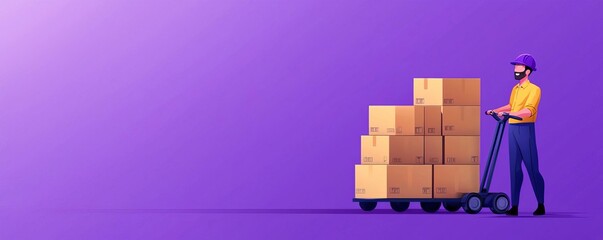 Obraz premium Delivery person with boxes on cart, purple background