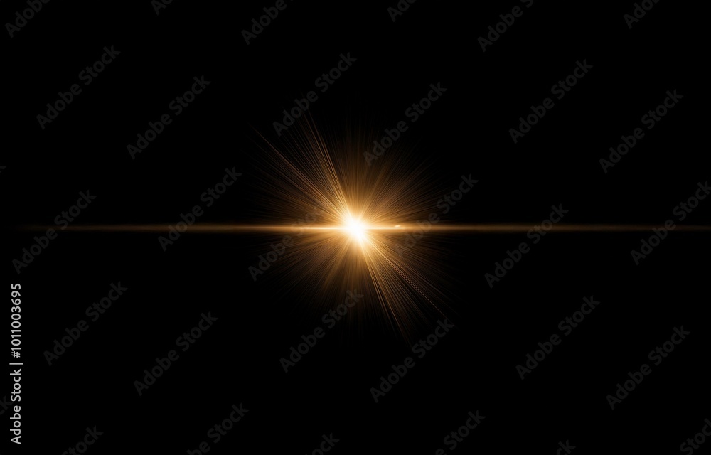 Poster a single bright gold light source with rays of light radiating outward on a black background.