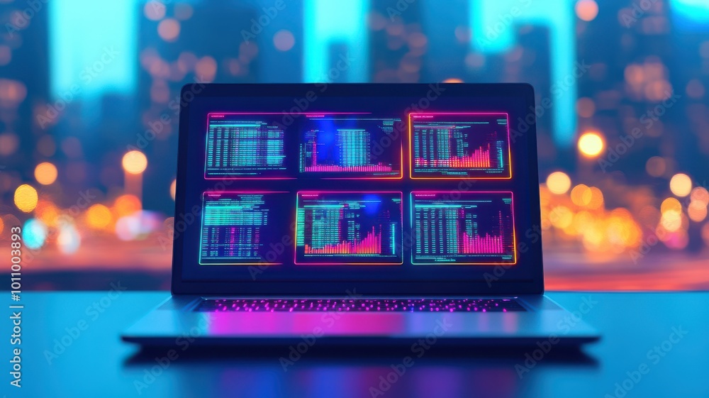 Poster a modern laptop displaying dynamic data graphs with vibrant neon colors against an urban cityscape b