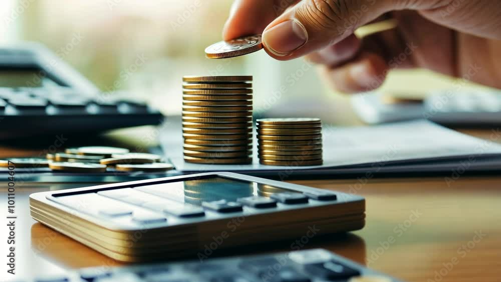 Poster a calculator sits on a table with a stack of coins and a pile of paper