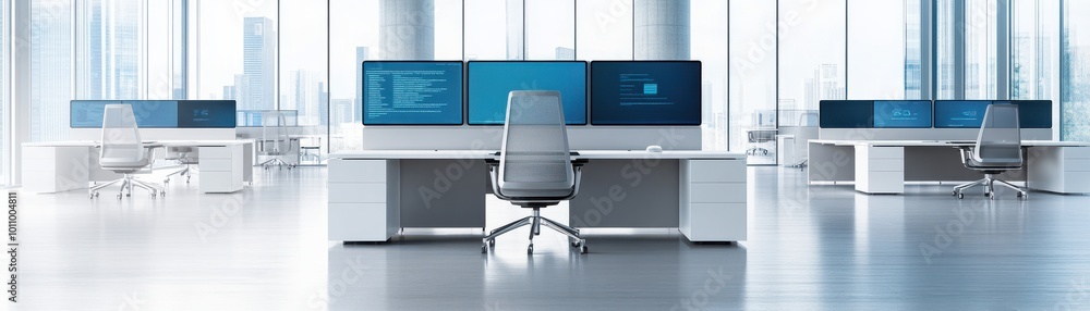 Poster A modern office workspace featuring sleek desks and multiple computer screens, perfect for productivity and collaboration.