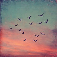 Fototapeta premium The birds flew gracefully across the sky, their wings outstretched as they embraced the fresh beginnings of a new day at sunrise.
