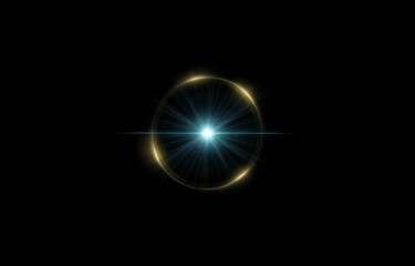A bright blue light bursts from the center of a glowing golden ring against a black background.