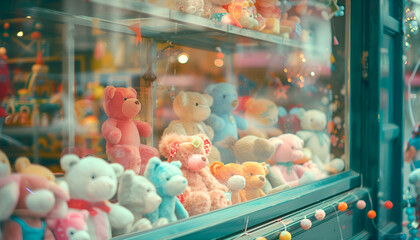 Fototapeta premium Storefront of a children's shop displaying soft toys, captured with a Holga camera effect, vintage and slightly blurred aesthetic, colorful and playful arrangement of plush animals