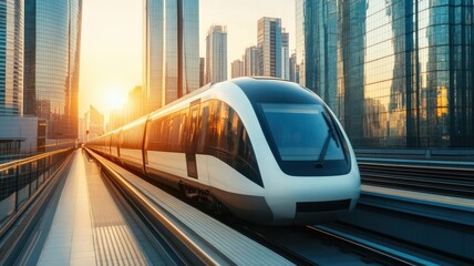 A modern train travels through a city skyline at sunset, showcasing urban transportation and architecture.