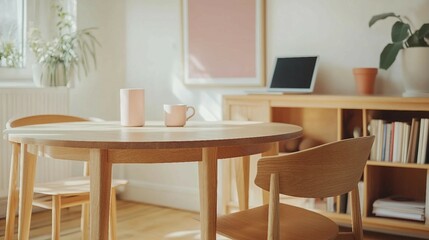 Modern Minimalist Dining Room Interior with Wooden Table and Chairs