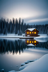 Winter landscape Sweden lapland Night. Winter landscape with cabin hut over frozen lake at night