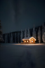 Winter landscape Sweden lapland Night. Winter landscape with cabin hut over frozen lake at night