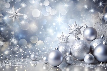 A silver-themed Christmas background with shiny baubles, stars, and snowflakes set against a glittering silver backdrop. holiday designs, Christmas cards, or festive invitations. Copy space