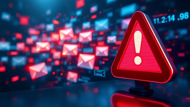 3D warning sign with exclamation mark against digital background of emails