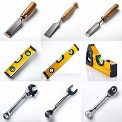 Three chisels with wooden handles, three yellow levels, and three wrenches on a white background.