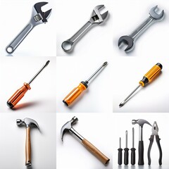 Fototapeta premium Tools on a white background, showcasing a variety of items for home repairs.