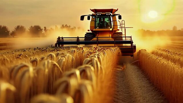 Golden hour harvest with combine in wheat field