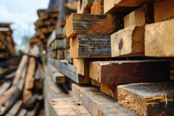Textures of Timber: Lumberyard Stack of Wooden Terrace Planks for Carpentry and Furniture Design